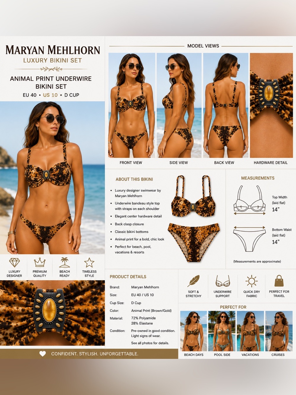 Maryan Mehlhorn Animal Print Underwire Bikini Set Women's EU 40 US 10 D Cup